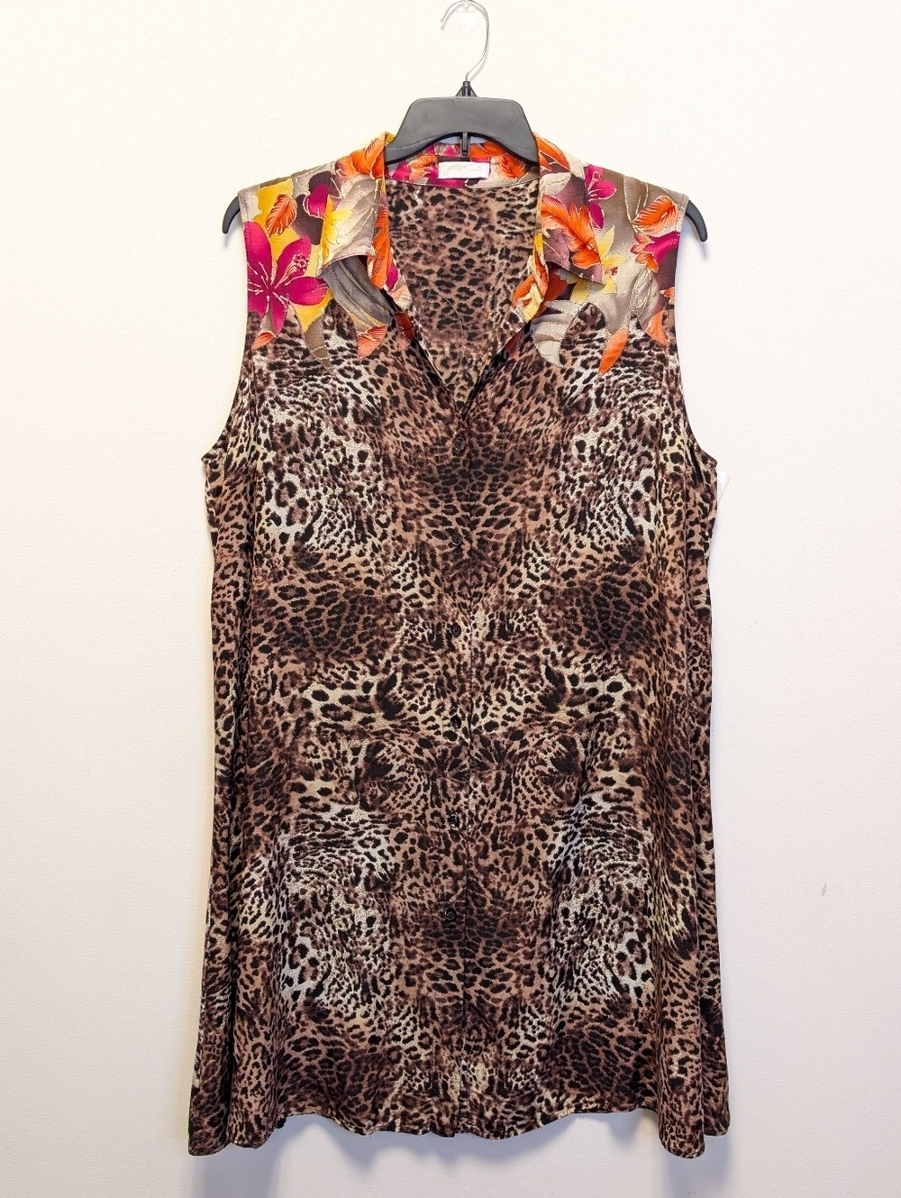 Gottex Metallic Leopard Print Blouse 1X Sleeveless Floral Collar Resort Top